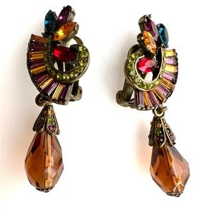 Heidi Daus Art Deco Style vintage multi color Swarovski crystals clip earrings